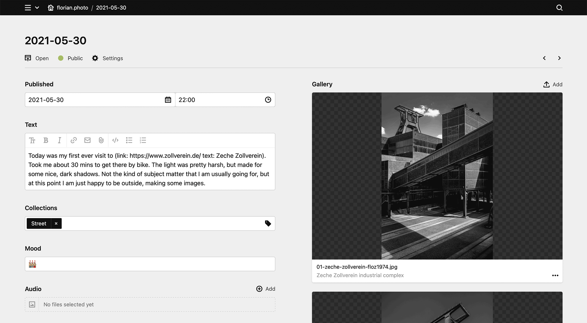 Screenshot of the Kirby panel I use in my photo blog