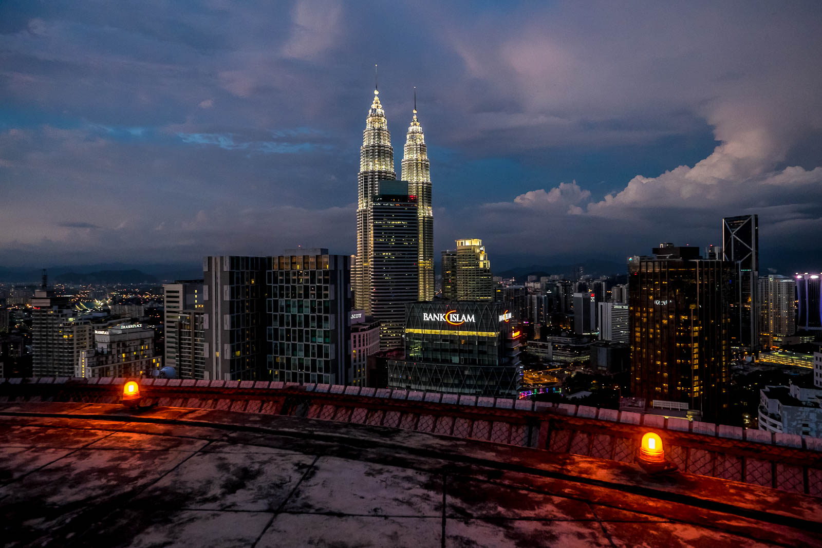 Petronas Twin Towers in Kuala Lumpur photographed from Heli Lounge roof-top bar