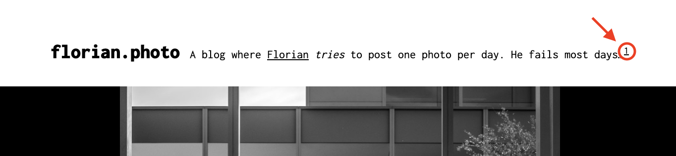 Photo blog header, that reads: "A blog where Florian tries to post one photo per day. He fails most days.". with a small superscript 1